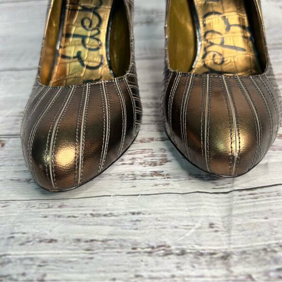 Sam Edelman 7.5 Tessa Laser Etched Heel Bronze High Heels 4" - Picture 2 of 10